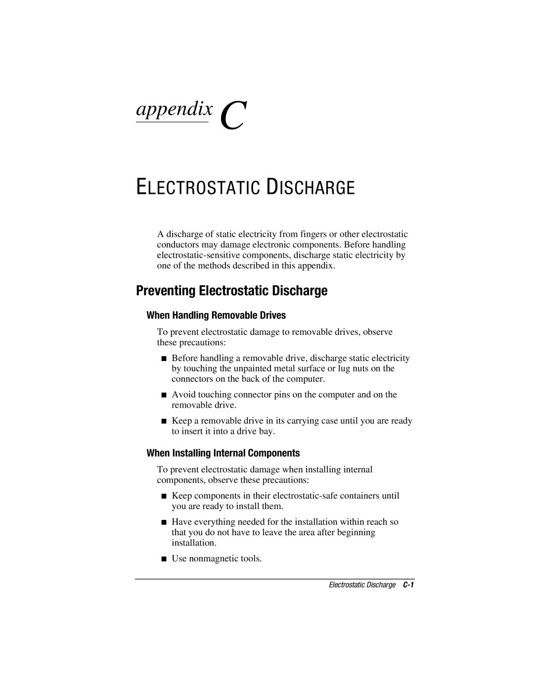 HP e500s manual Preventing Electrostatic Discharge, When Handling Removable Drives, When Installing Internal Components 