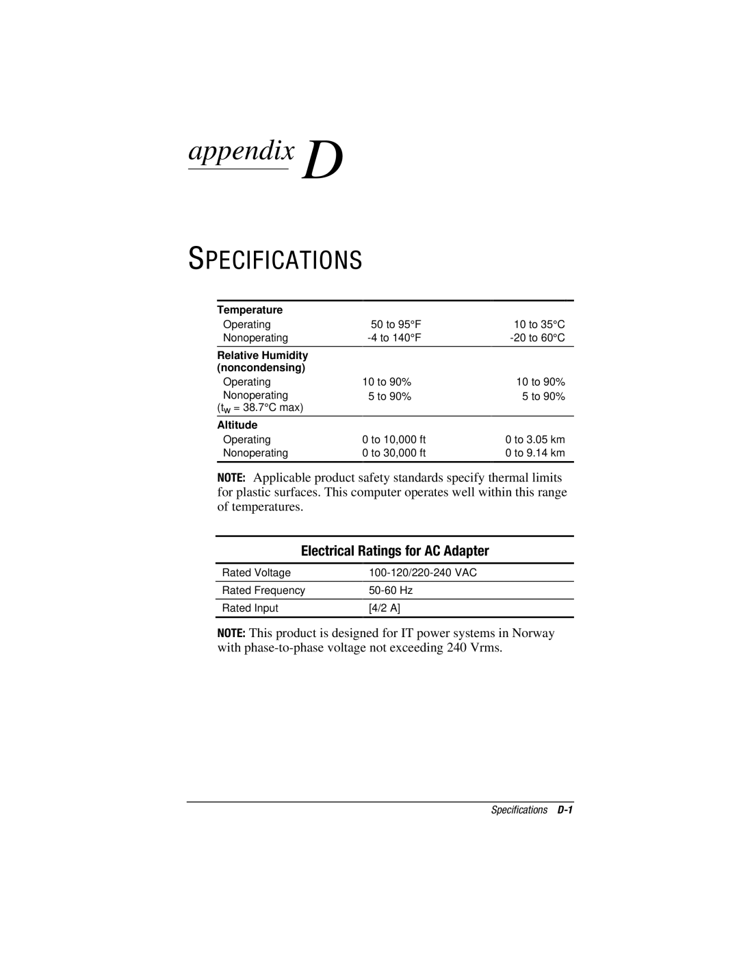 HP e500s manual Pecifications, Electrical Ratings for AC Adapter 