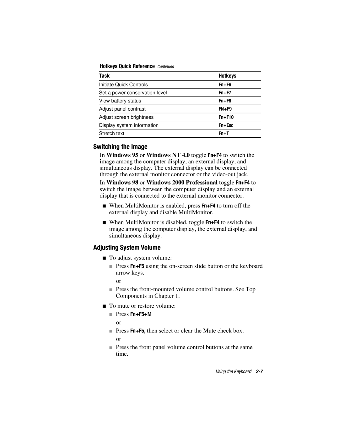 HP e500s manual Switching the Image, Adjusting System Volume, Hotkeys Quick Reference Task, Press Fn+F5+M or 