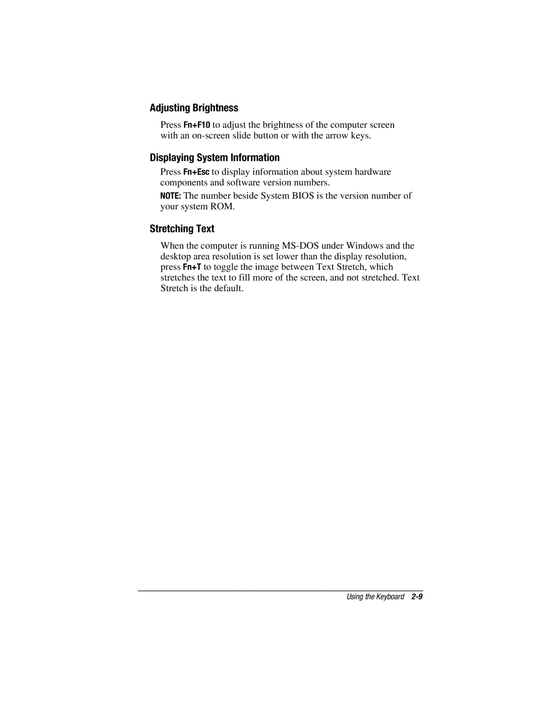 HP e500s manual Adjusting Brightness, Displaying System Information, Stretching Text 