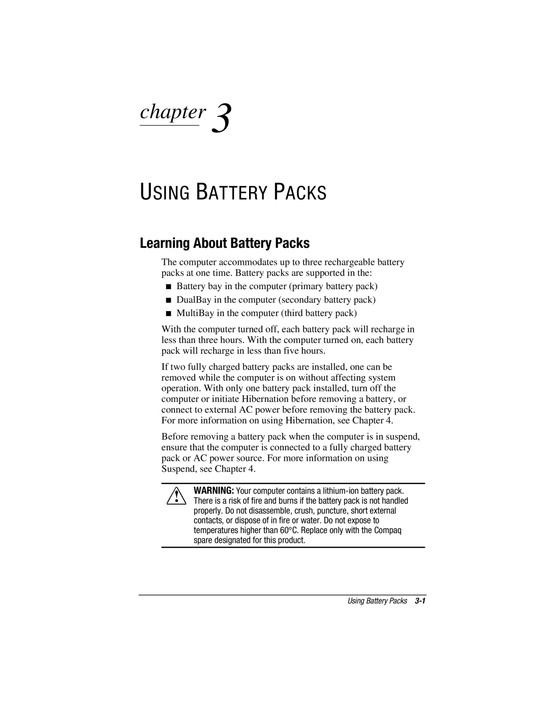 HP e500s manual Using Battery Packs, Learning About Battery Packs 