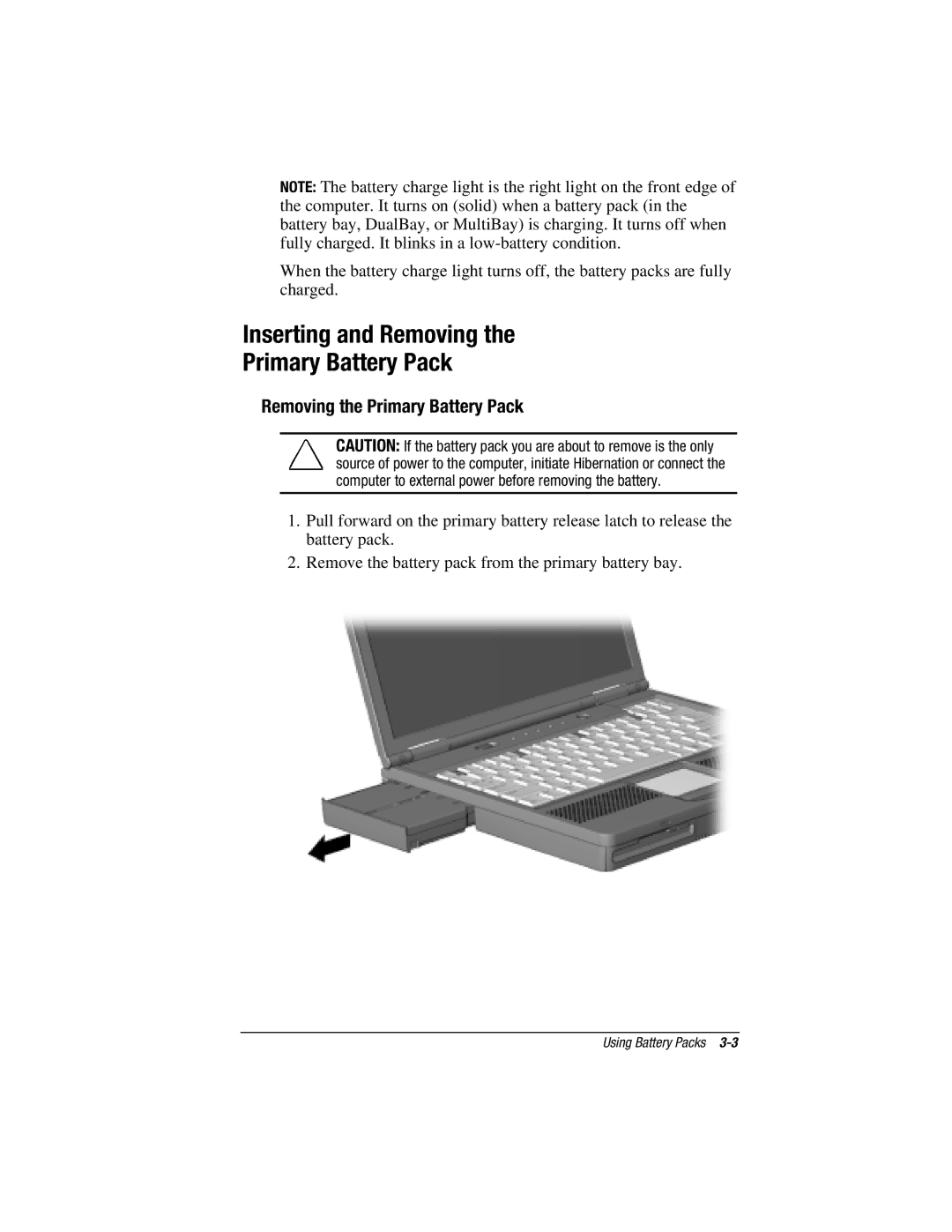 HP e500s manual Inserting and Removing Primary Battery Pack, Removing the Primary Battery Pack 