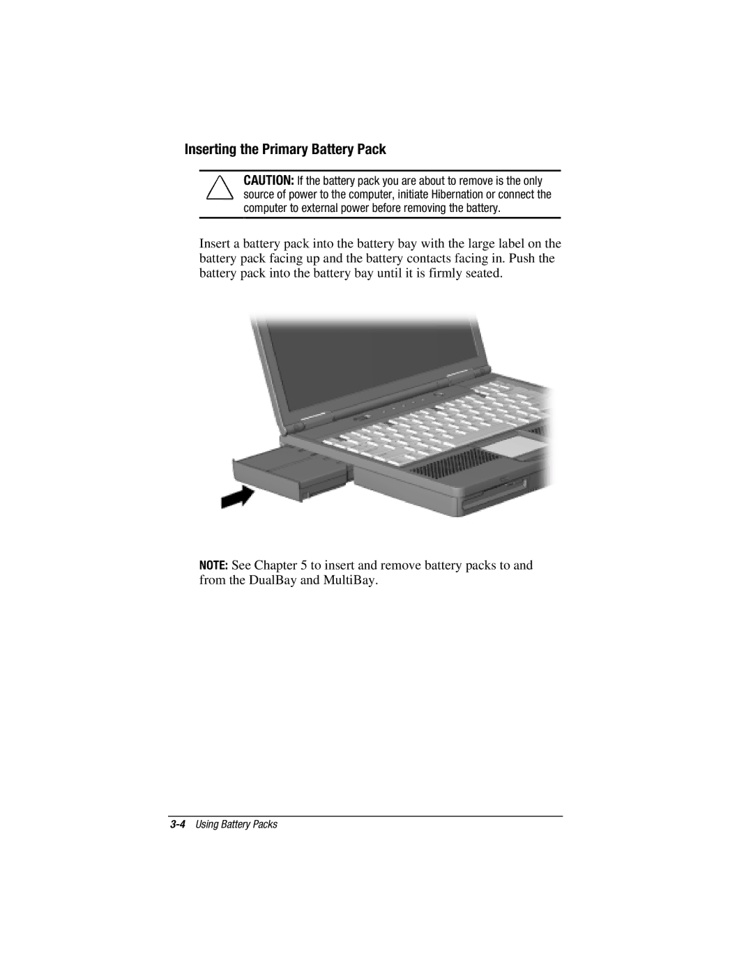 HP e500s manual Inserting the Primary Battery Pack 