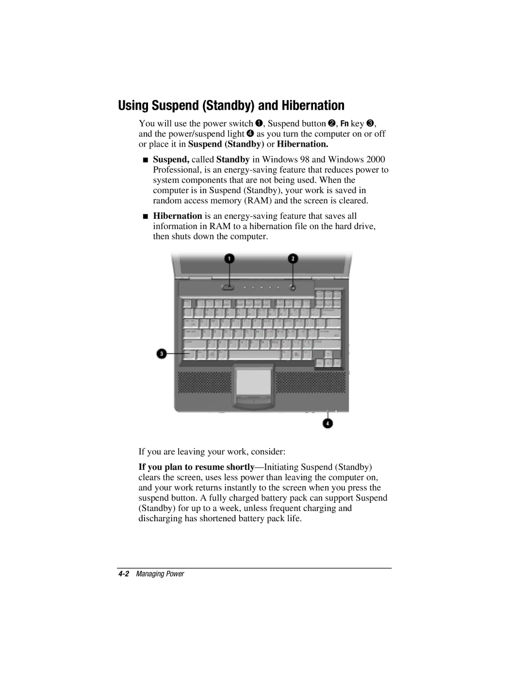 HP e500s manual Using Suspend Standby and Hibernation 