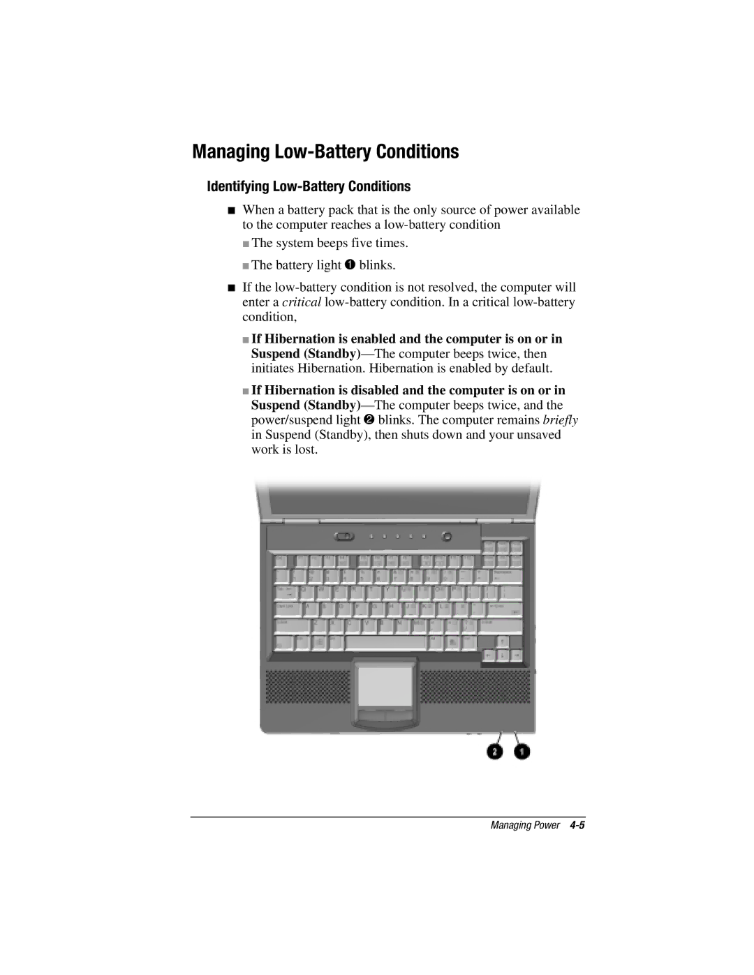 HP e500s manual Managing Low-Battery Conditions, Identifying Low-Battery Conditions 