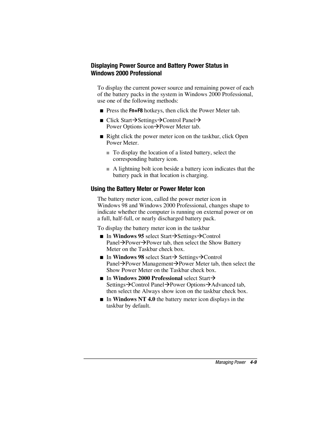 HP e500s manual Using the Battery Meter or Power Meter Icon, Windows 2000 Professional select Start⊕ 