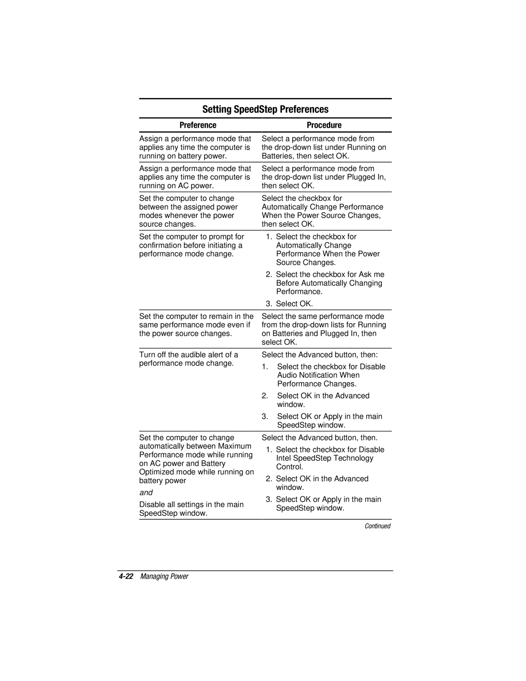 HP e500s manual Setting SpeedStep Preferences, Preference Procedure 