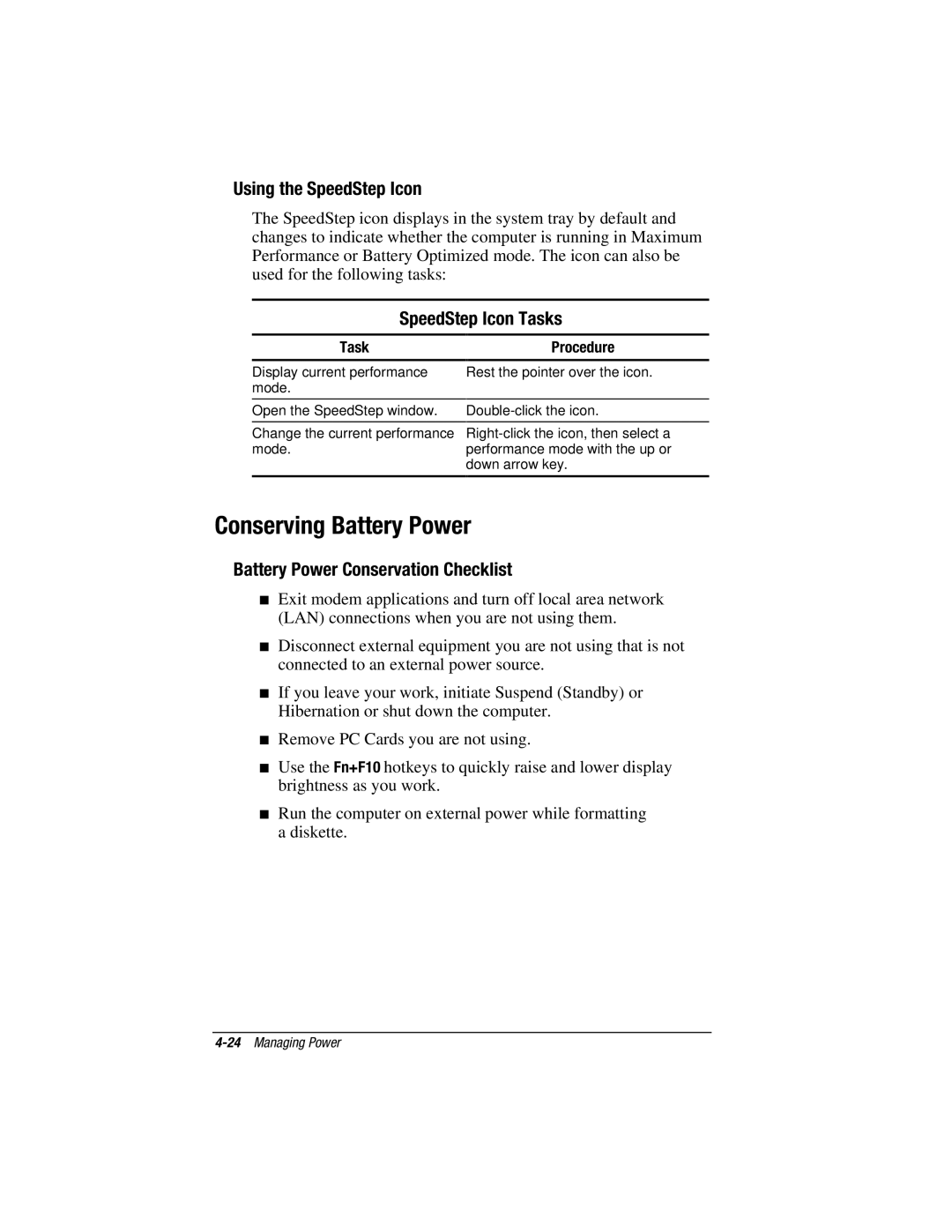 HP e500s Conserving Battery Power, Using the SpeedStep Icon, SpeedStep Icon Tasks, Battery Power Conservation Checklist 