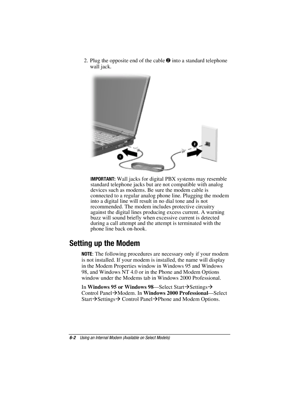 HP e500s manual Setting up the Modem 