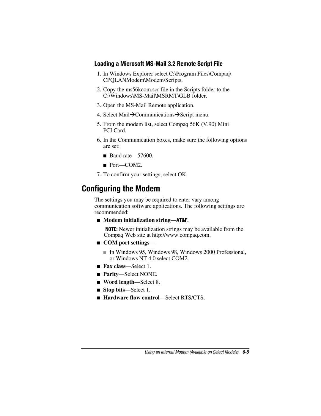 HP e500s manual Configuring the Modem, Loading a Microsoft MS-Mail 3.2 Remote Script File, Word length-Select 