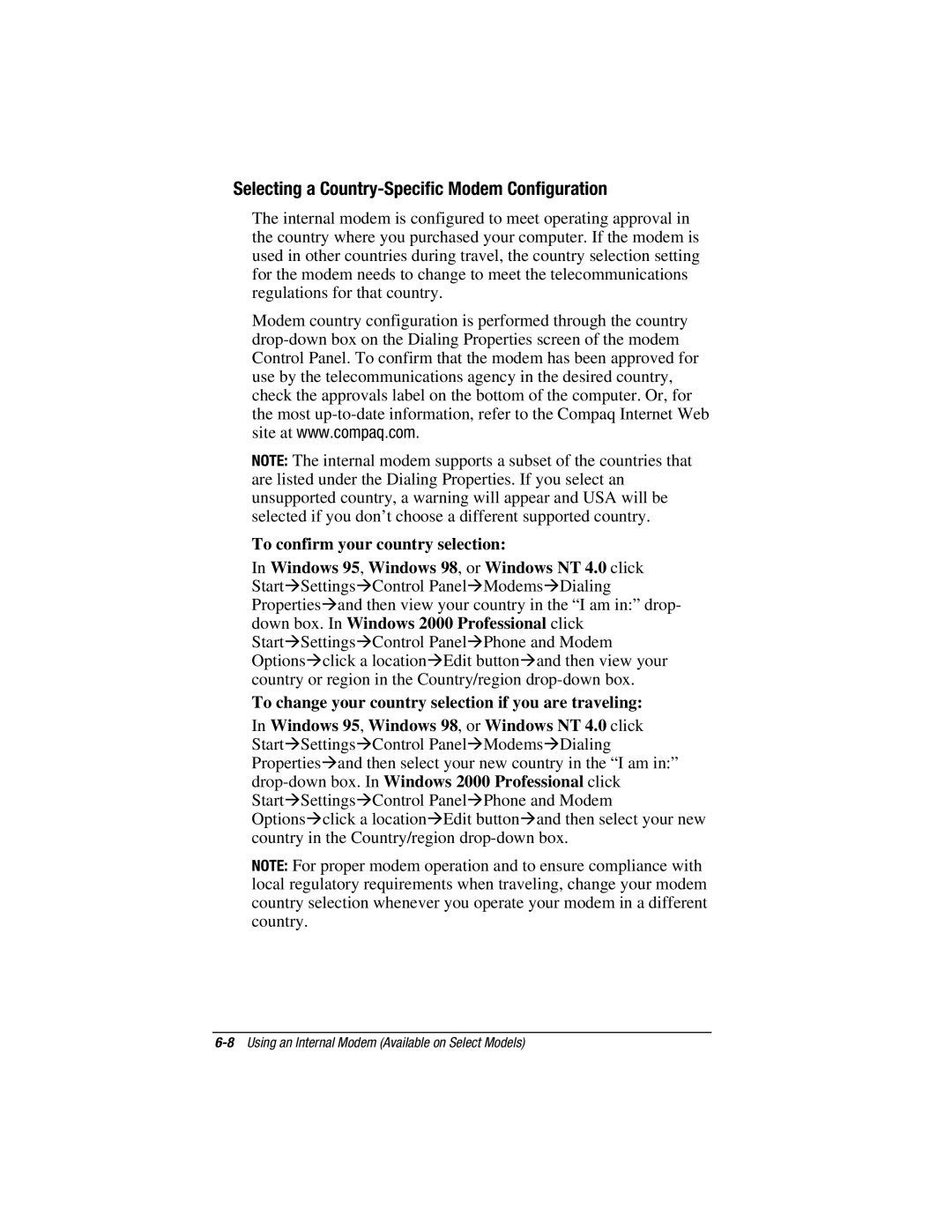 HP e500s manual Selecting a Country-Specific Modem Configuration 