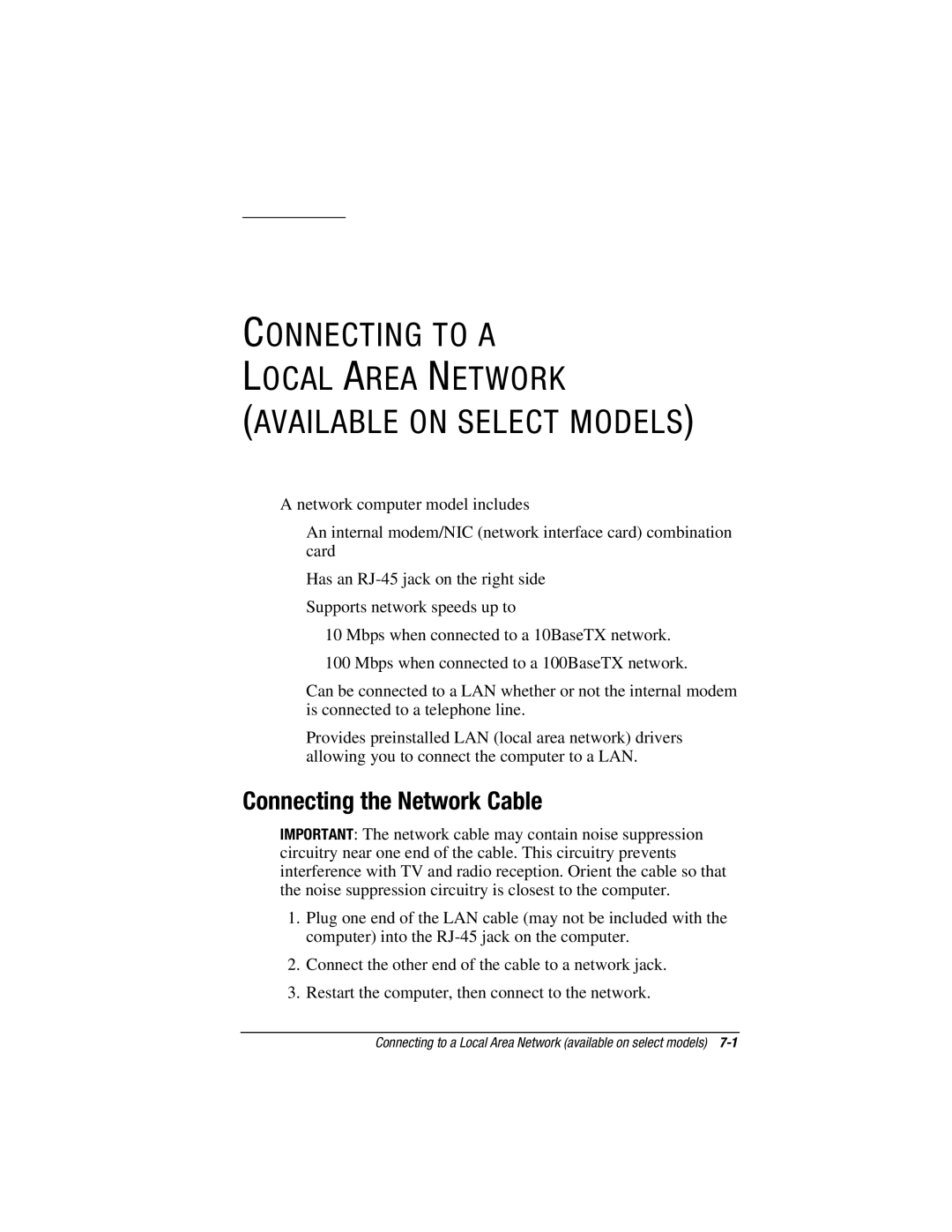 HP e500s manual Connecting to a Local Area Network, Connecting the Network Cable 