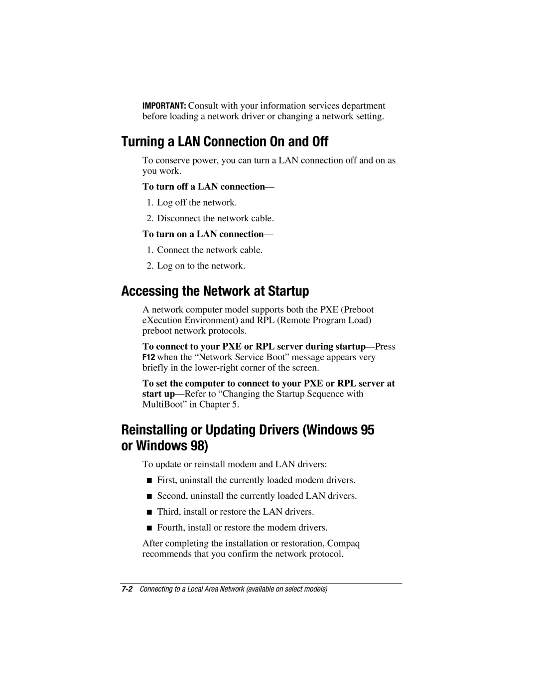 HP e500s manual Turning a LAN Connection On and Off, Accessing the Network at Startup 