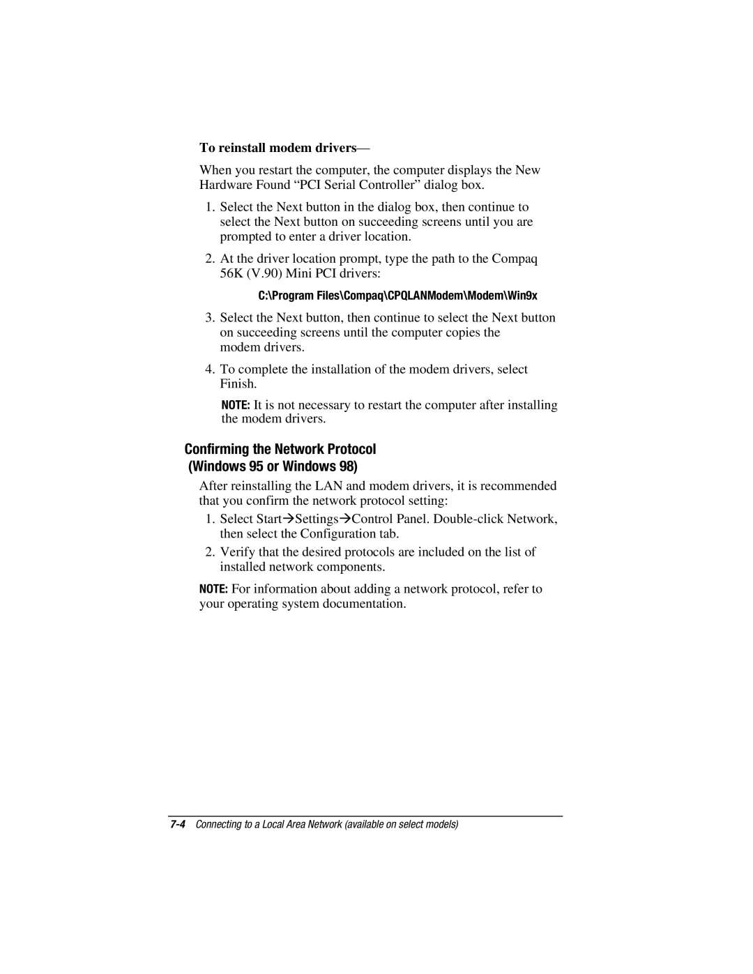 HP e500s manual To reinstall modem drivers, Confirming the Network Protocol Windows 95 or Windows 