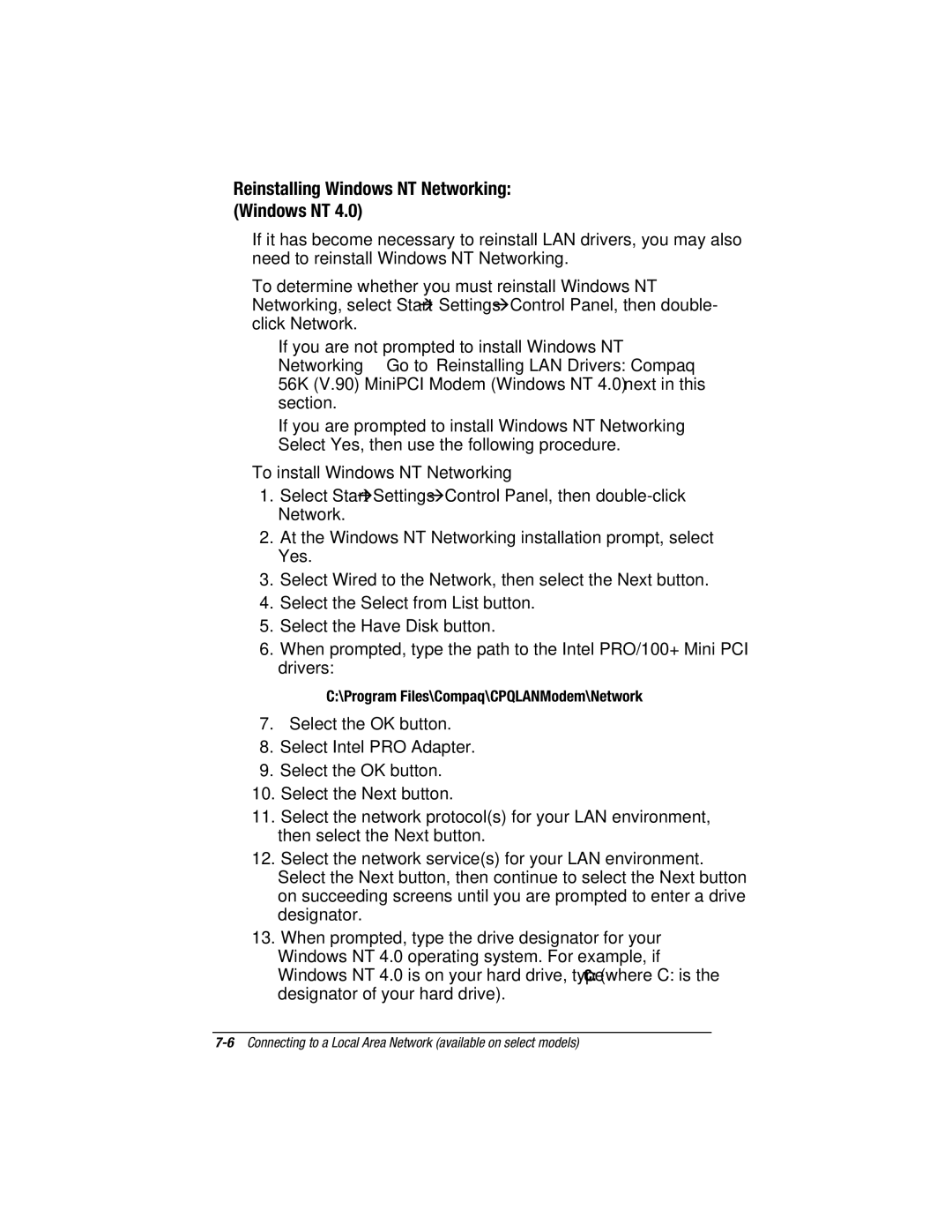 HP e500s manual Reinstalling Windows NT Networking, Program Files\Compaq\CPQLANModem\Network 