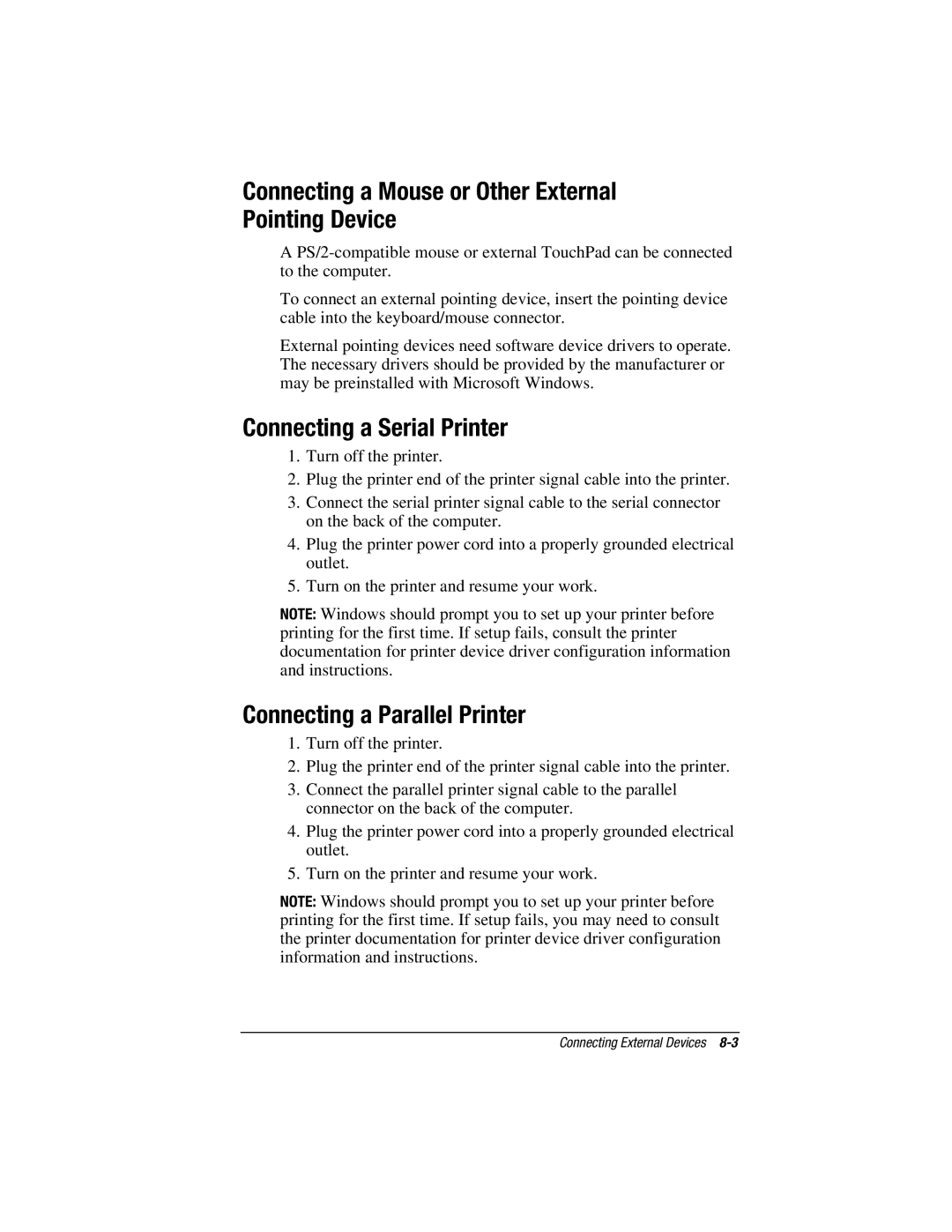 HP e500s Connecting a Mouse or Other External Pointing Device, Connecting a Serial Printer, Connecting a Parallel Printer 