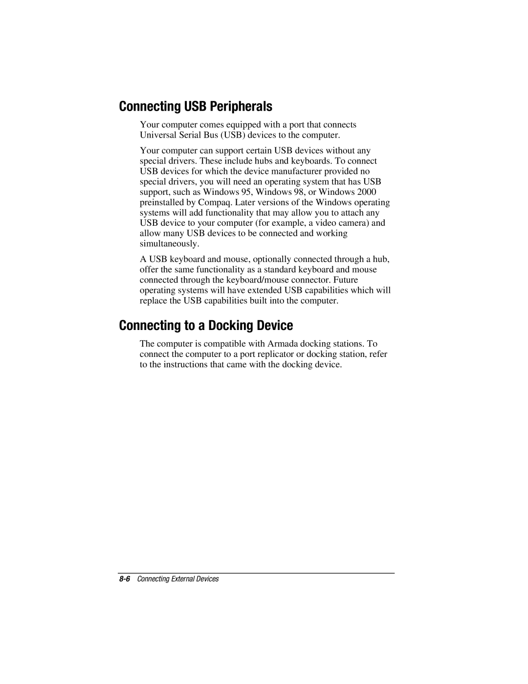 HP e500s manual Connecting USB Peripherals, Connecting to a Docking Device 