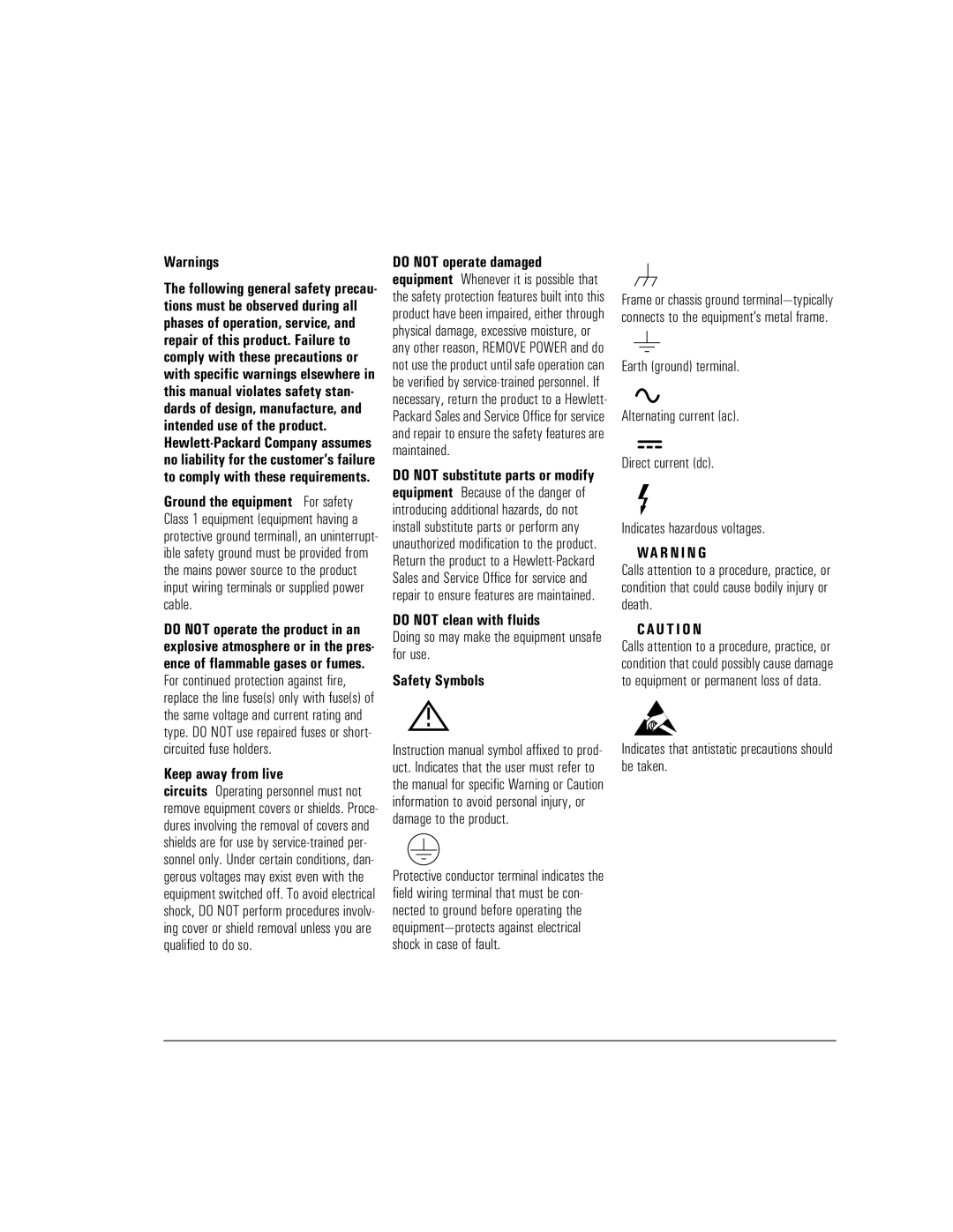 HP E5123A manual Keep away from live, Do not clean with fluids, Safety Symbols 