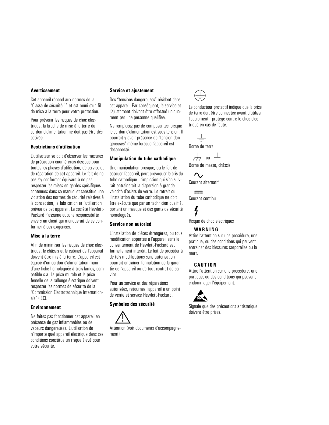 HP E5123A manual Avertissement, Restrictions d’utilisation, Mise à la terre, Environnement, Service et ajustement 