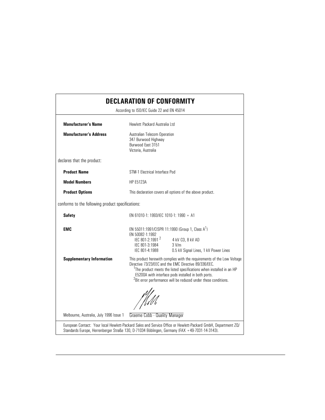 HP E5123A manual Declaration of Conformity 