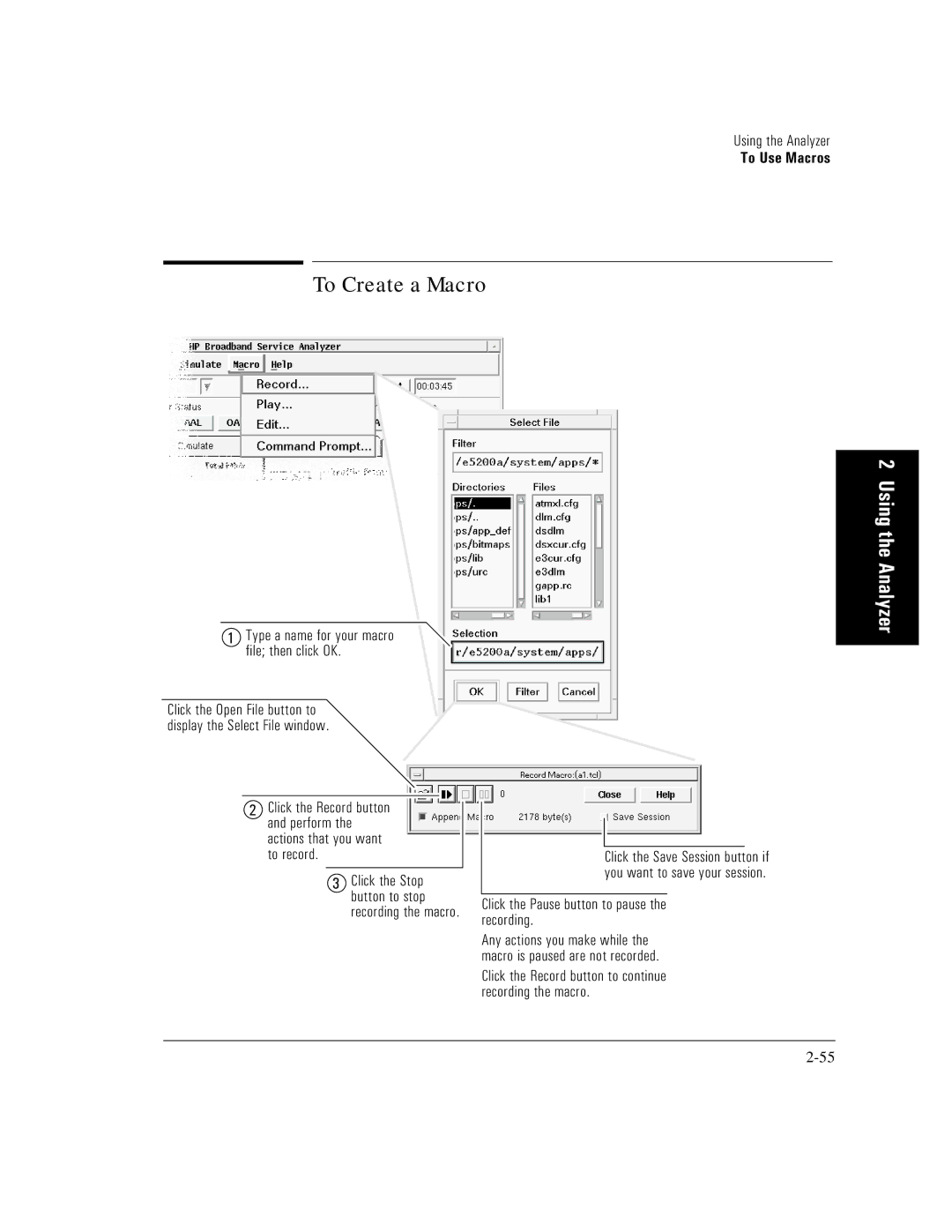 HP E5200A manual To Create a Macro, Click the Pause button to pause the recording 