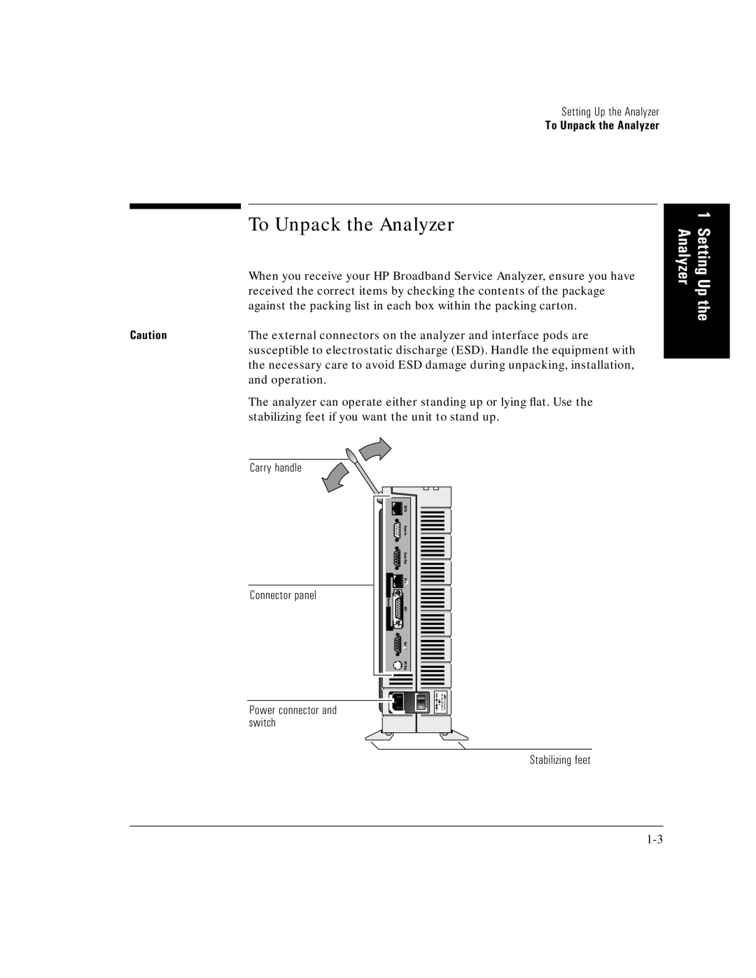 HP E5200A manual To Unpack the Analyzer, Carry handle, Connector panel Power connector and switch Stabilizing feet 