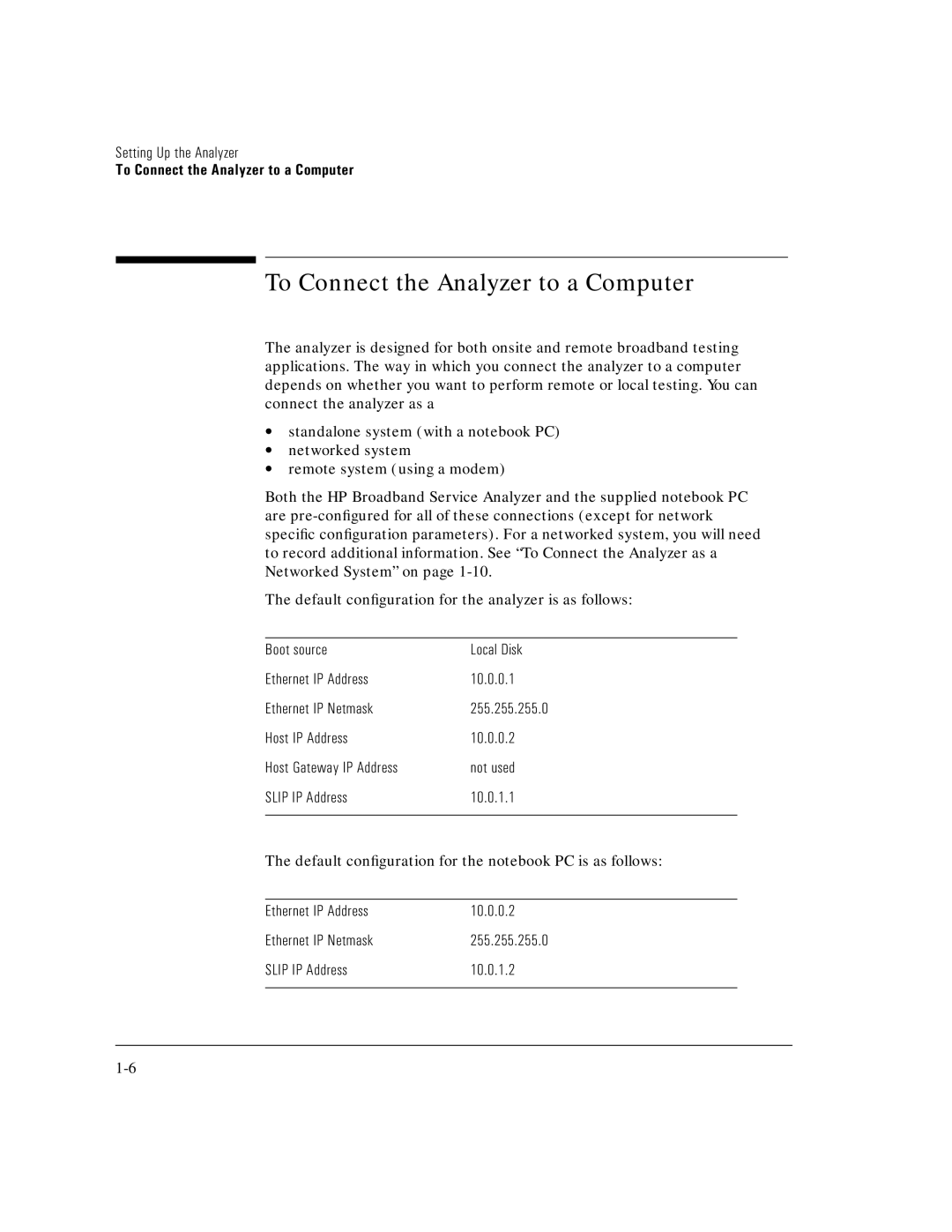 HP E5200A manual To Connect the Analyzer to a Computer, Not used, Slip IP Address 10.0.1.1 