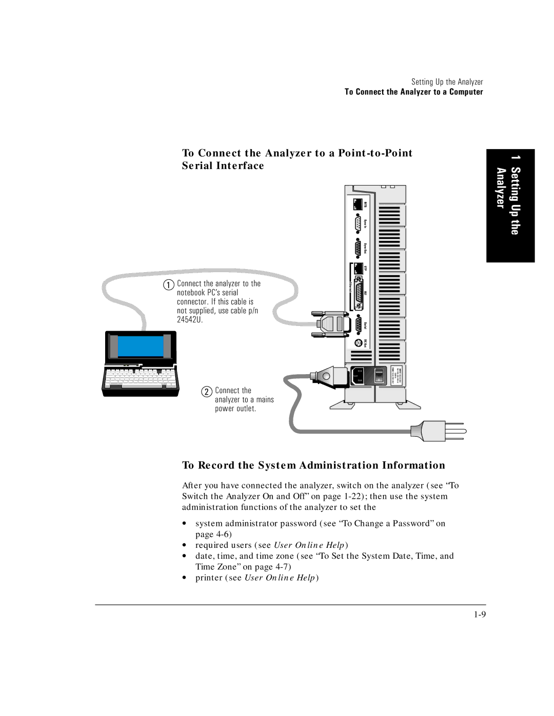 HP E5200A To Connect the Analyzer to a Point-to-Point Serial Interface, To Record the System Administration Information 