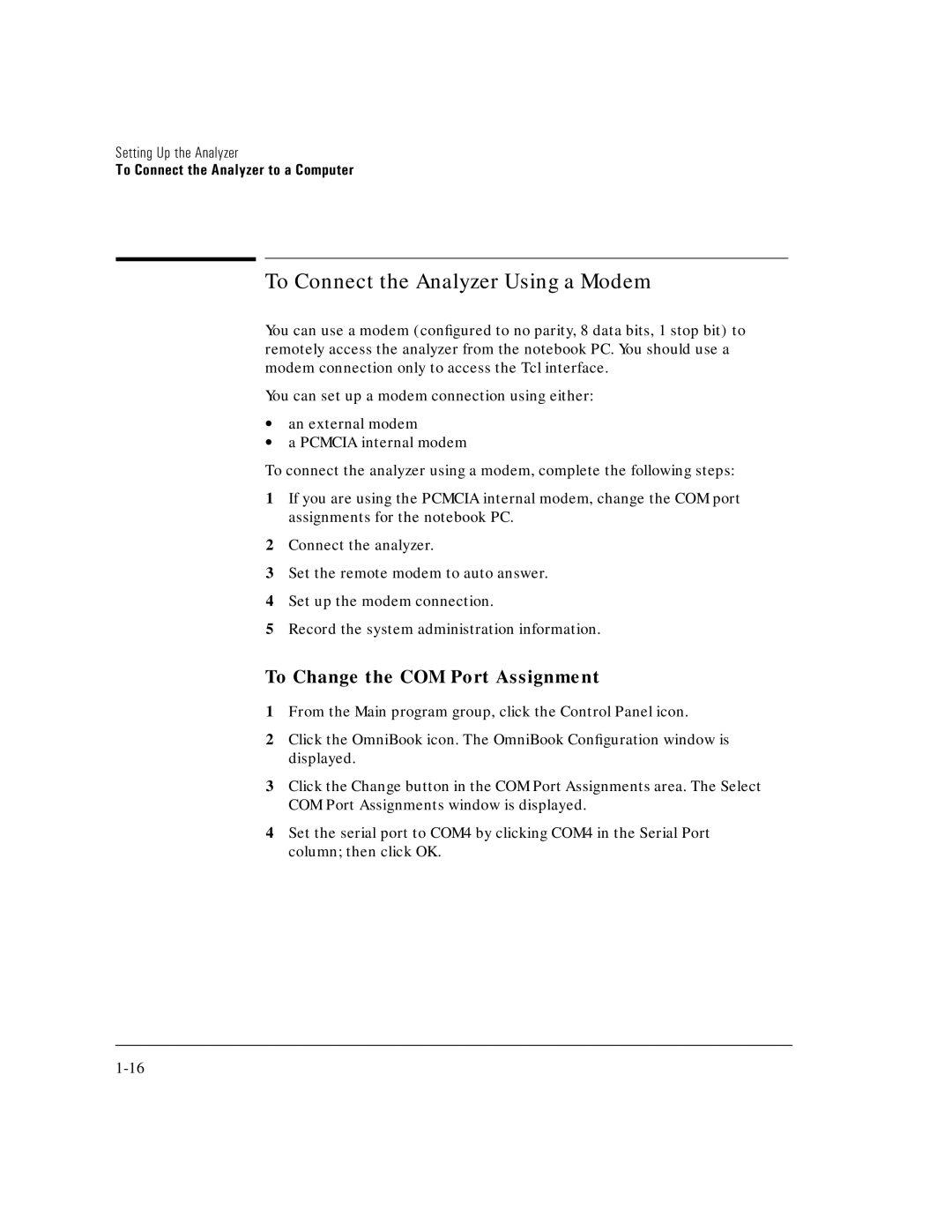 HP E5200A manual To Connect the Analyzer Using a Modem, To Change the COM Port Assignment 