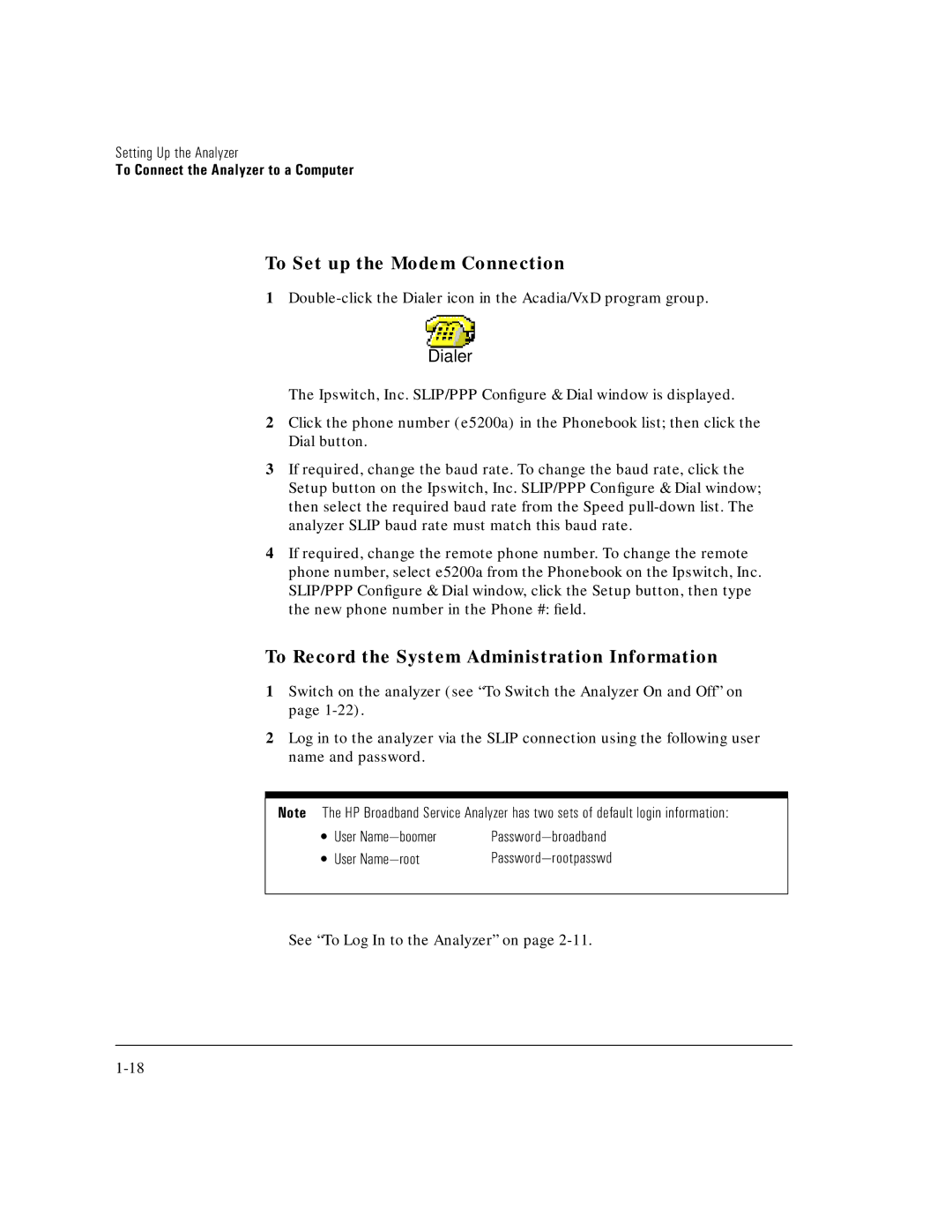 HP E5200A manual To Set up the Modem Connection, Dialer 