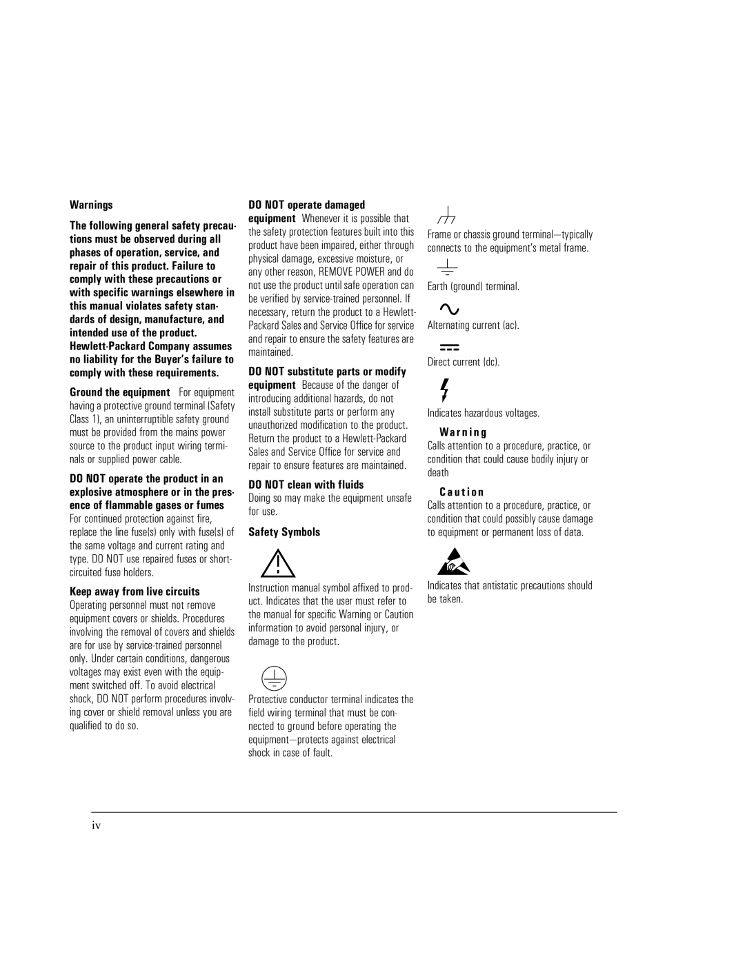 HP E5200A manual Doing so may make the equipment unsafe for use, Indicates that antistatic precautions should be taken 