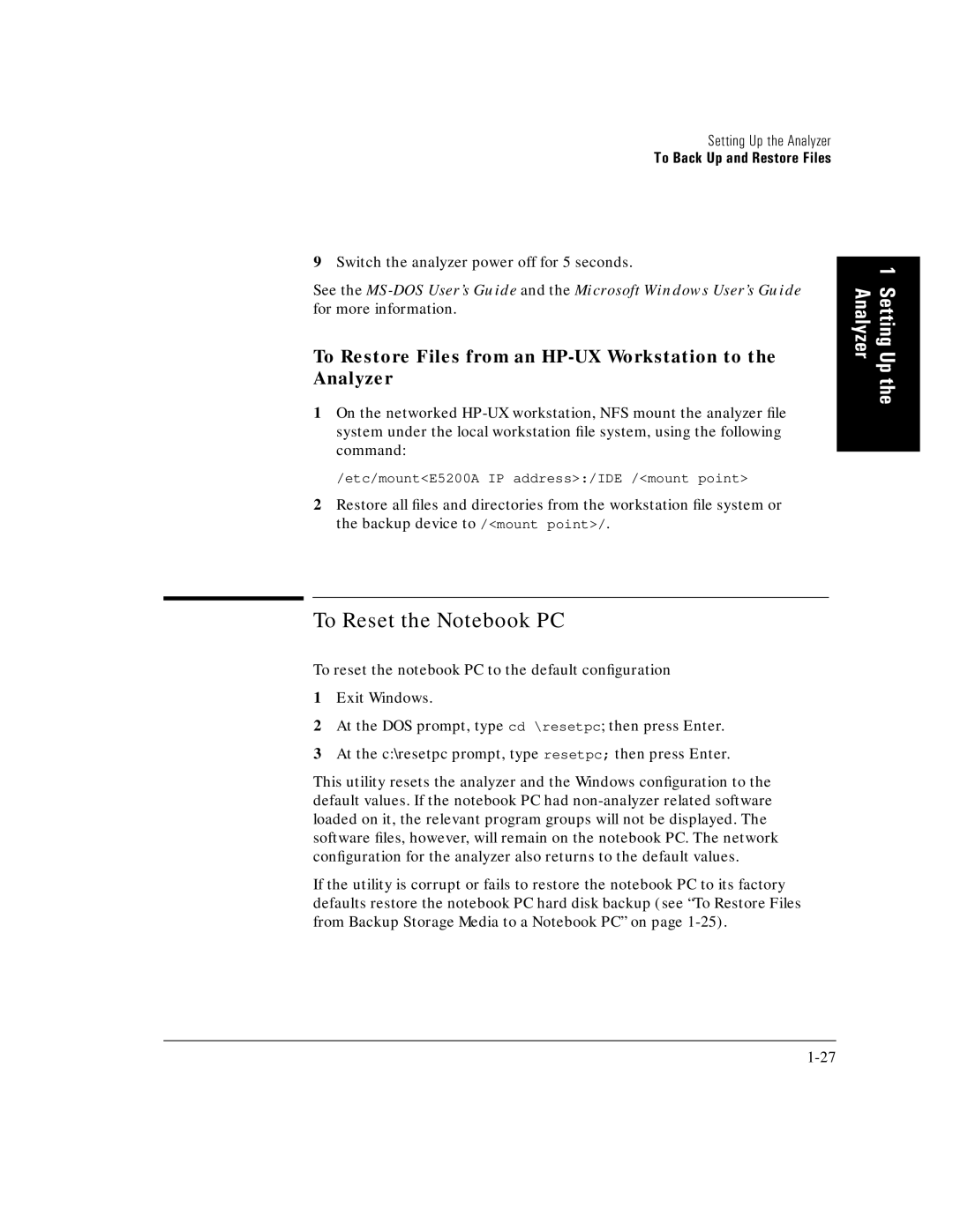 HP E5200A manual To Reset the Notebook PC, To Restore Files from an HP-UX Workstation to the Analyzer 