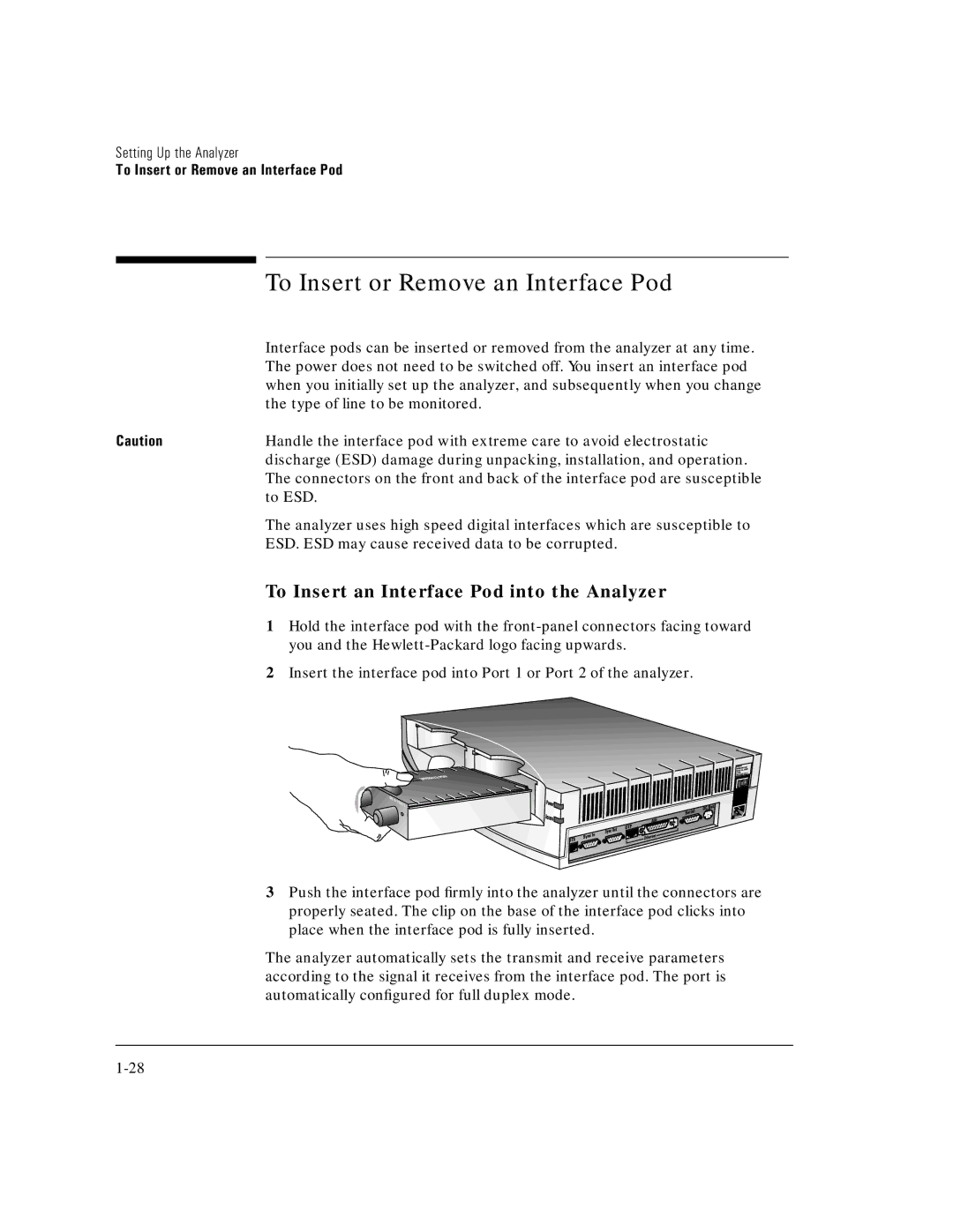 HP E5200A manual To Insert or Remove an Interface Pod, To Insert an Interface Pod into the Analyzer 