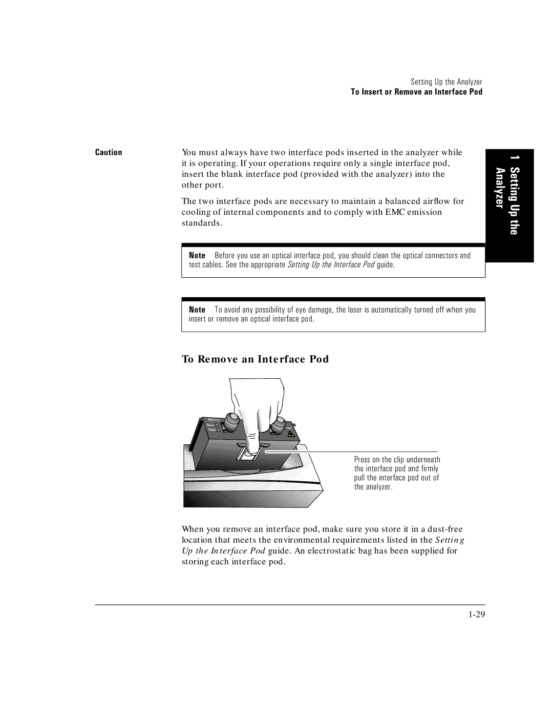 HP E5200A manual To Remove an Interface Pod, Insert or remove an optical interface pod 