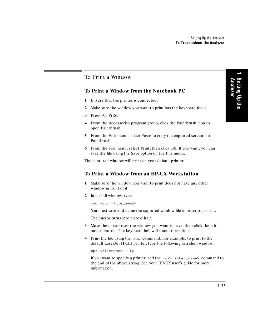 HP E5200A manual To Print a Window from the Notebook PC, To Print a Window from an HP-UX Workstation 
