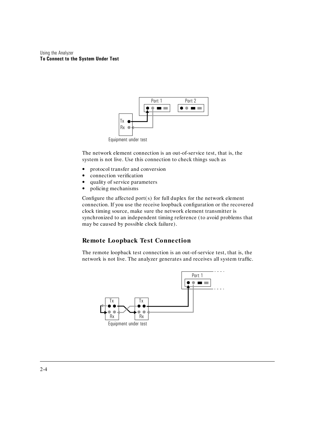 HP E5200A manual Remote Loopback Test Connection, Port RxRx Equipment under test 