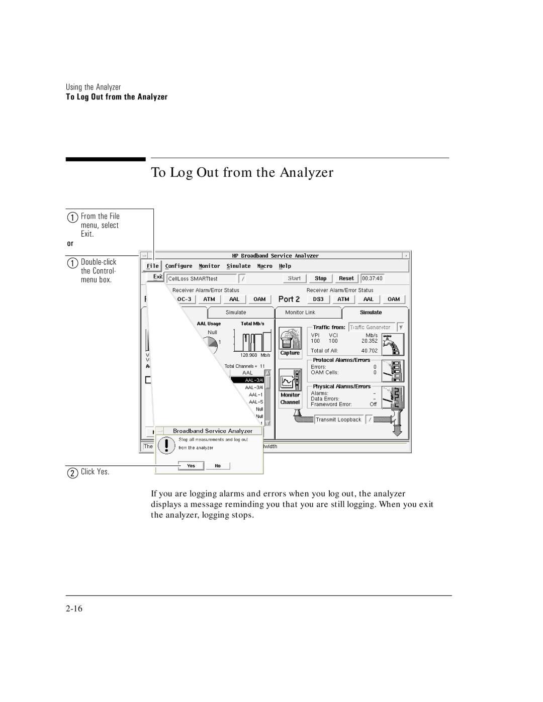 HP E5200A manual To Log Out from the Analyzer, Click Yes 