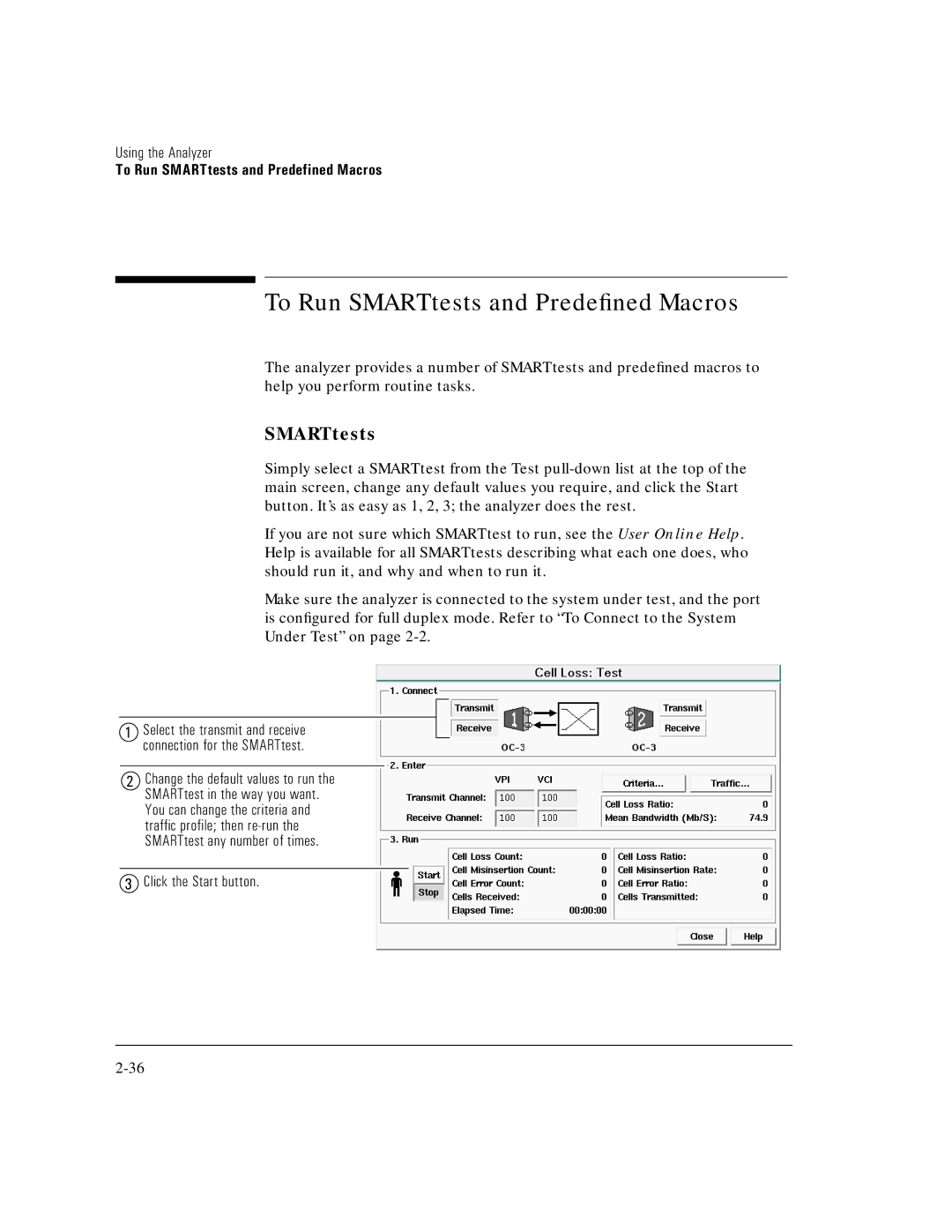 HP E5200A manual To Run SMARTtests and Predeﬁned Macros, Click the Start button 