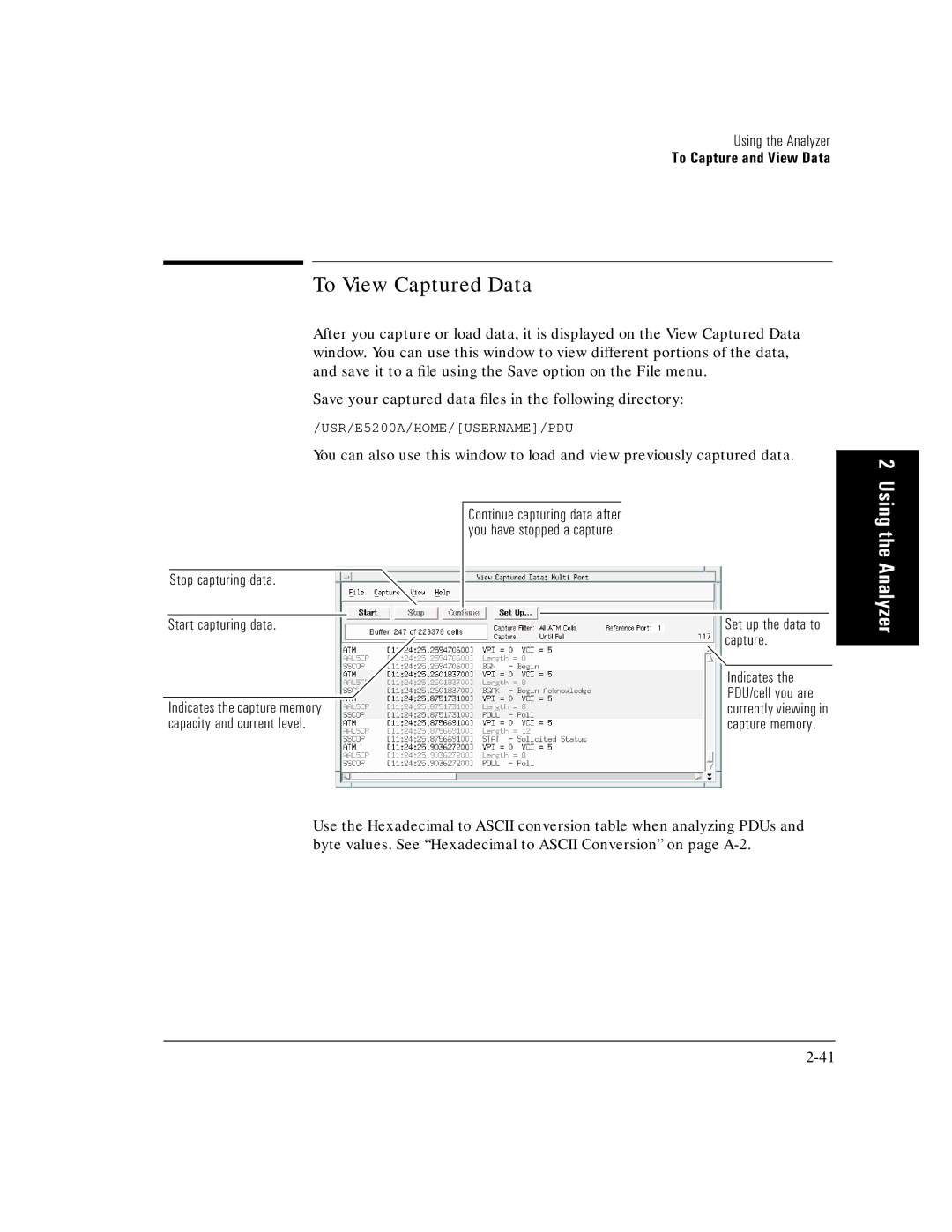 HP E5200A manual To View Captured Data, Stop capturing data Start capturing data 