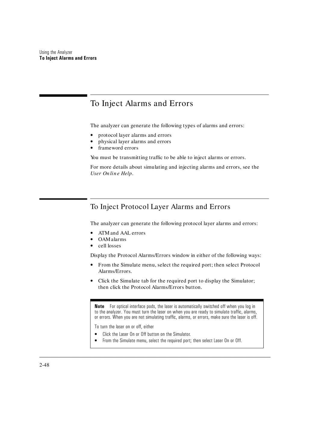 HP E5200A manual To Inject Alarms and Errors, To Inject Protocol Layer Alarms and Errors 