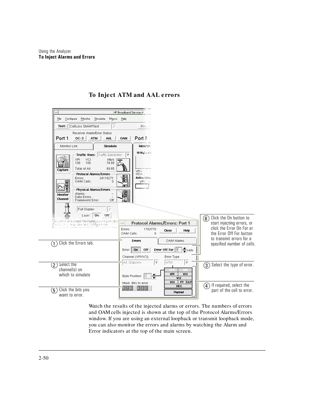 HP E5200A manual To Inject ATM and AAL errors, Click the Errors tab, Select the type of error 