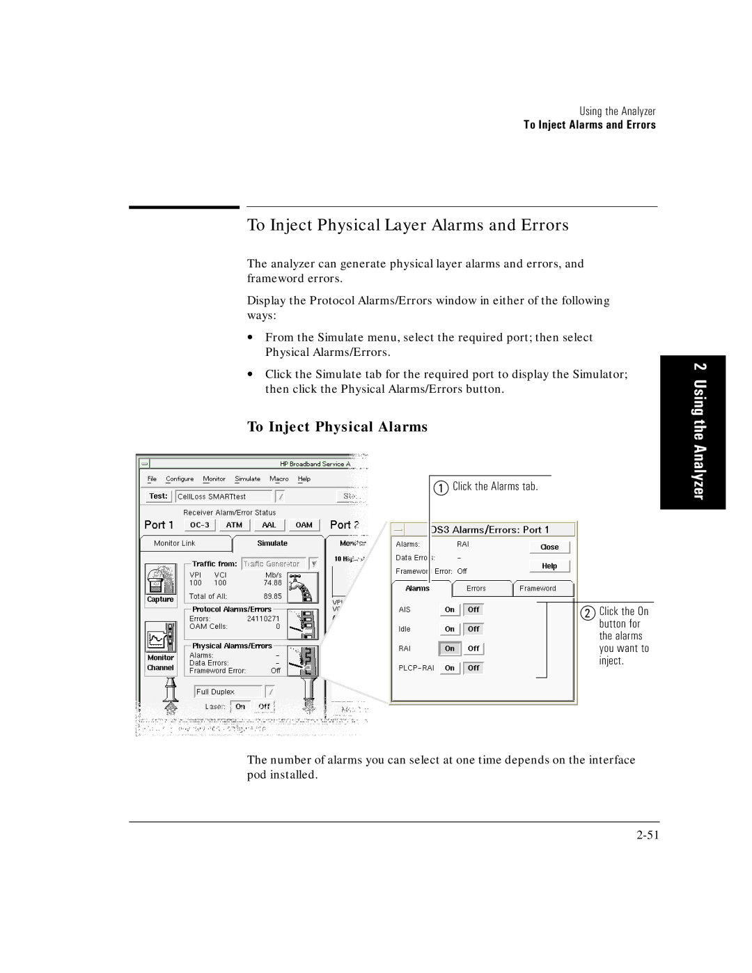 HP E5200A manual To Inject Physical Layer Alarms and Errors, To Inject Physical Alarms, Click the Alarms tab 