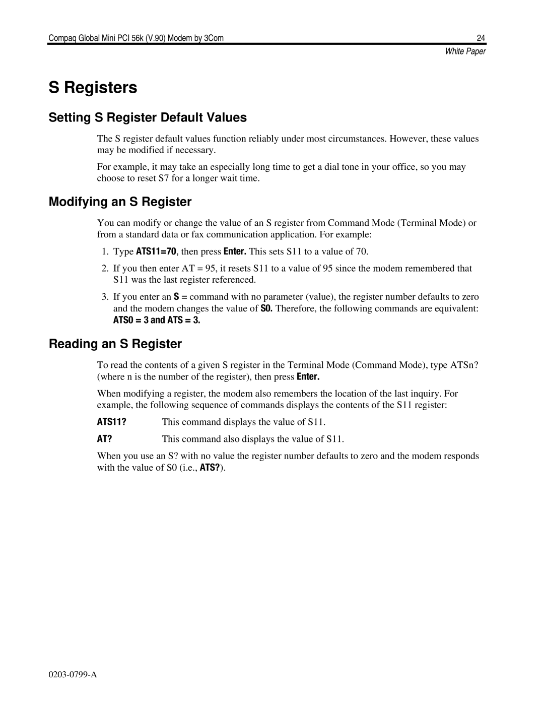 HP E700 manual Setting S Register Default Values, Modifying an S Register, Reading an S Register 