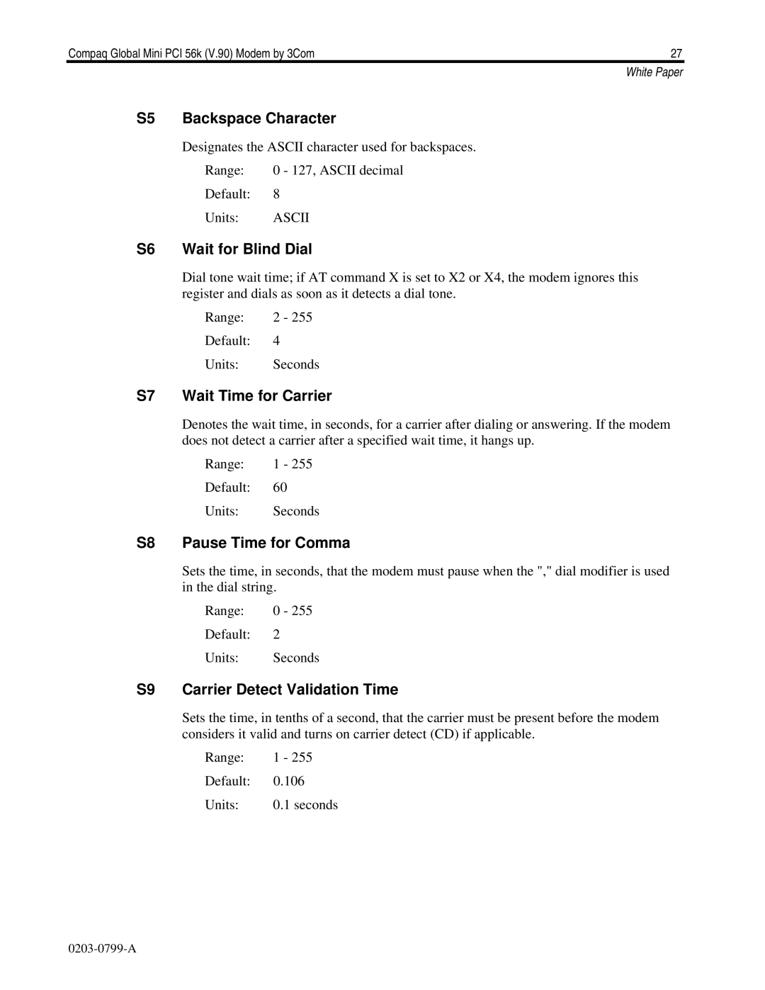 HP E700 manual S5 Backspace Character, S6 Wait for Blind Dial, S7 Wait Time for Carrier, S8 Pause Time for Comma 