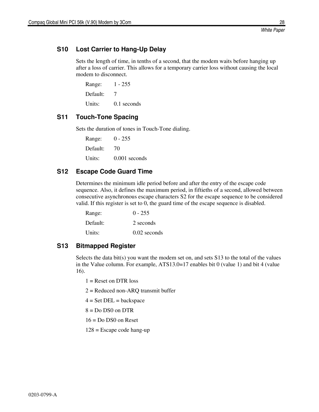 HP E700 S10 Lost Carrier to Hang-Up Delay, S11 Touch-Tone Spacing, S12 Escape Code Guard Time, S13 Bitmapped Register 