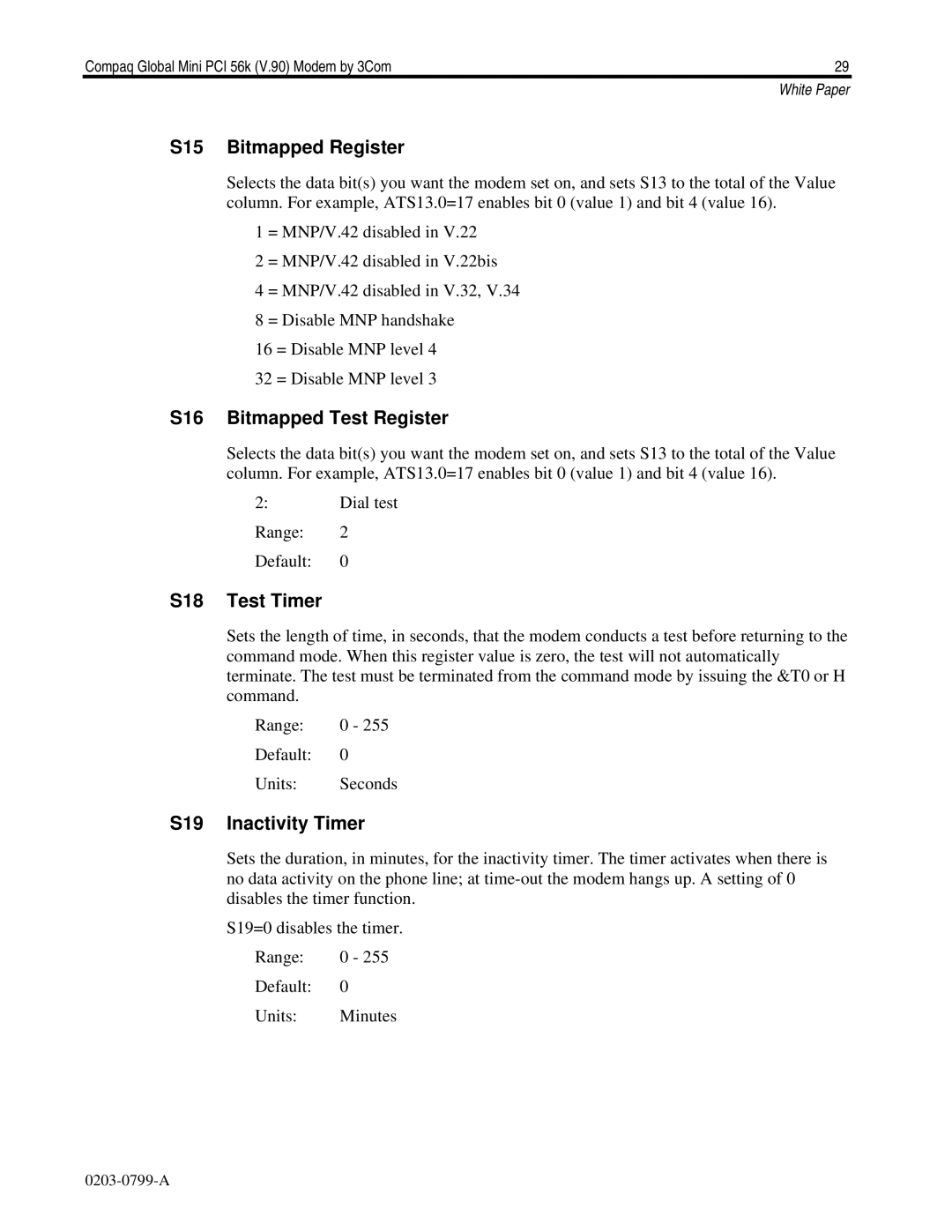 HP E700 manual S15 Bitmapped Register, S16 Bitmapped Test Register, S18 Test Timer, S19 Inactivity Timer 