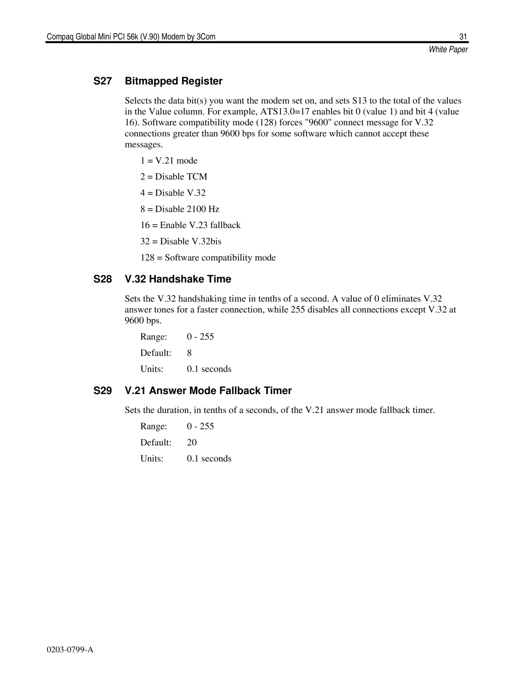 HP E700 manual S27 Bitmapped Register, S28 V.32 Handshake Time, S29 V.21 Answer Mode Fallback Timer 