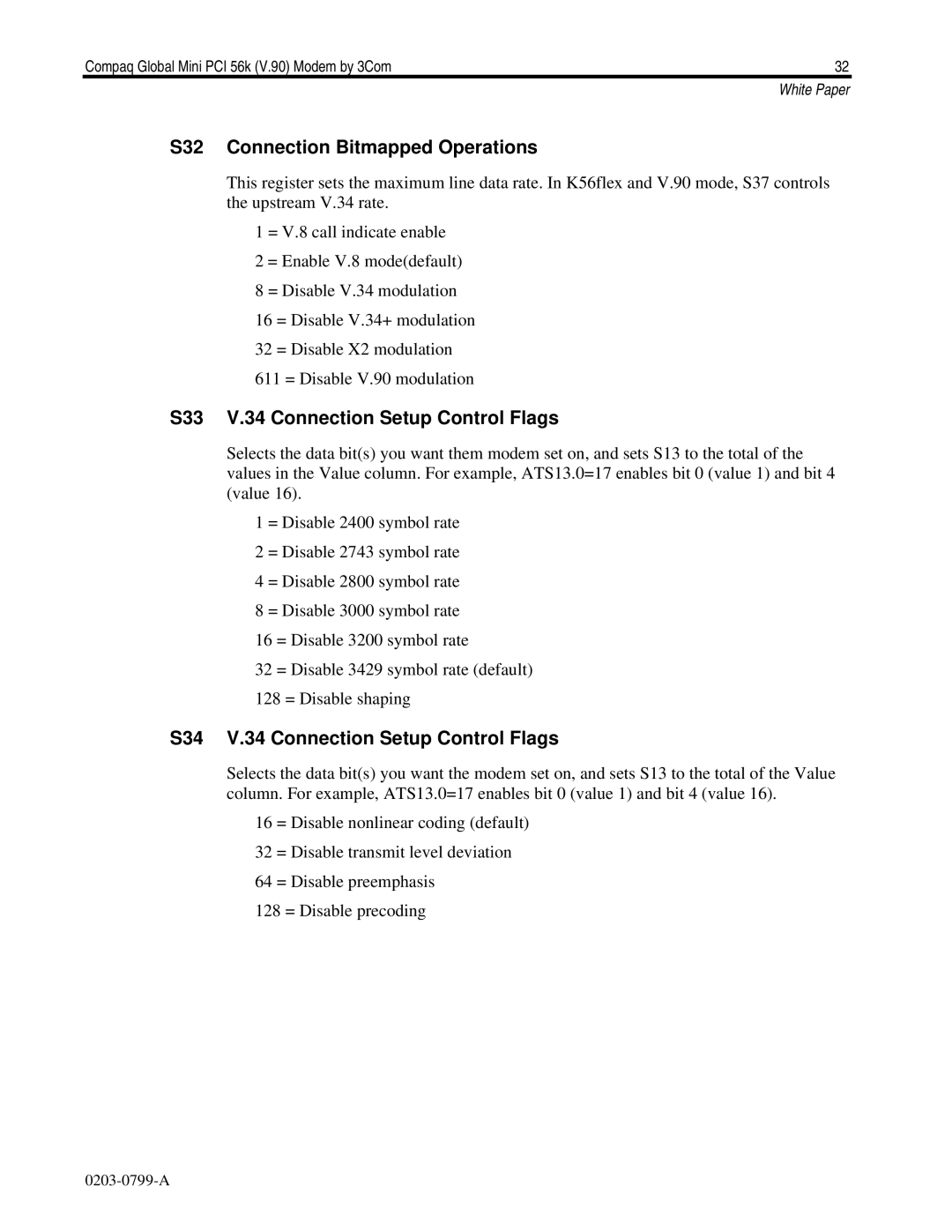 HP E700 manual S32 Connection Bitmapped Operations, S33 V.34 Connection Setup Control Flags 