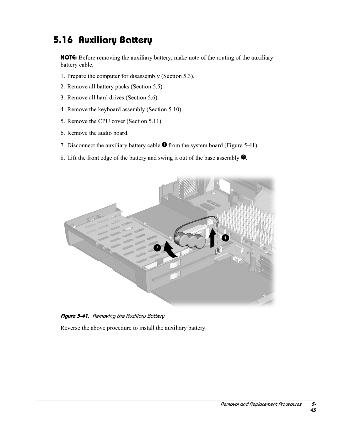 HP E700 manual Removing the Auxiliary Battery 