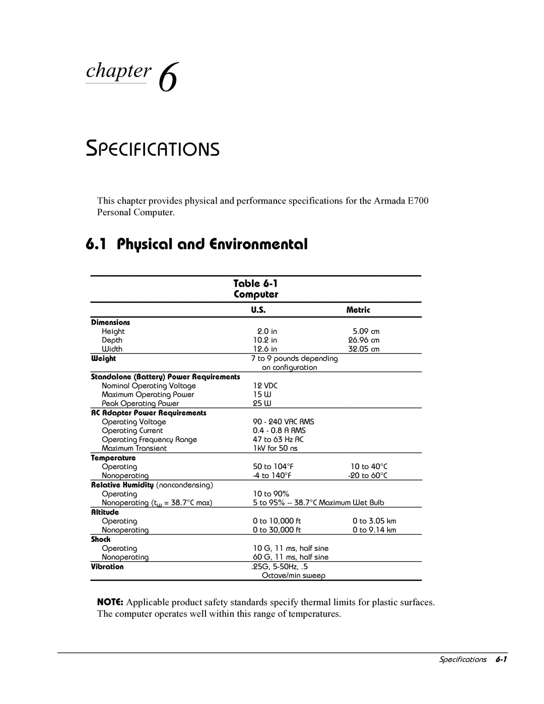 HP E700 manual Physical and Environmental, Computer, Metric 